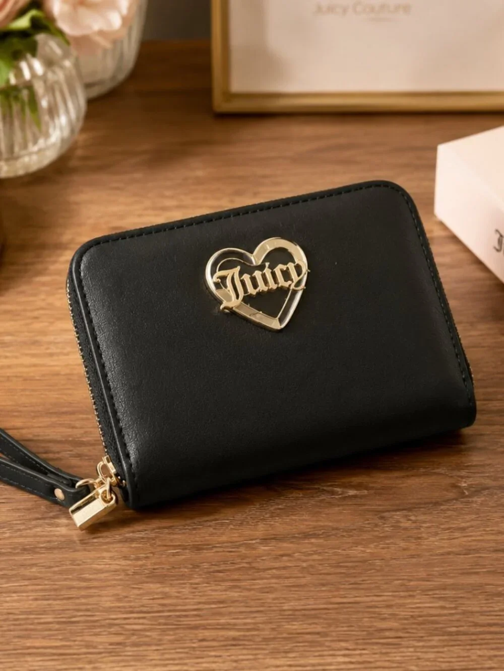 Juicy Couture Black Gold Heart Logo Zip Bifold Wallet NWT